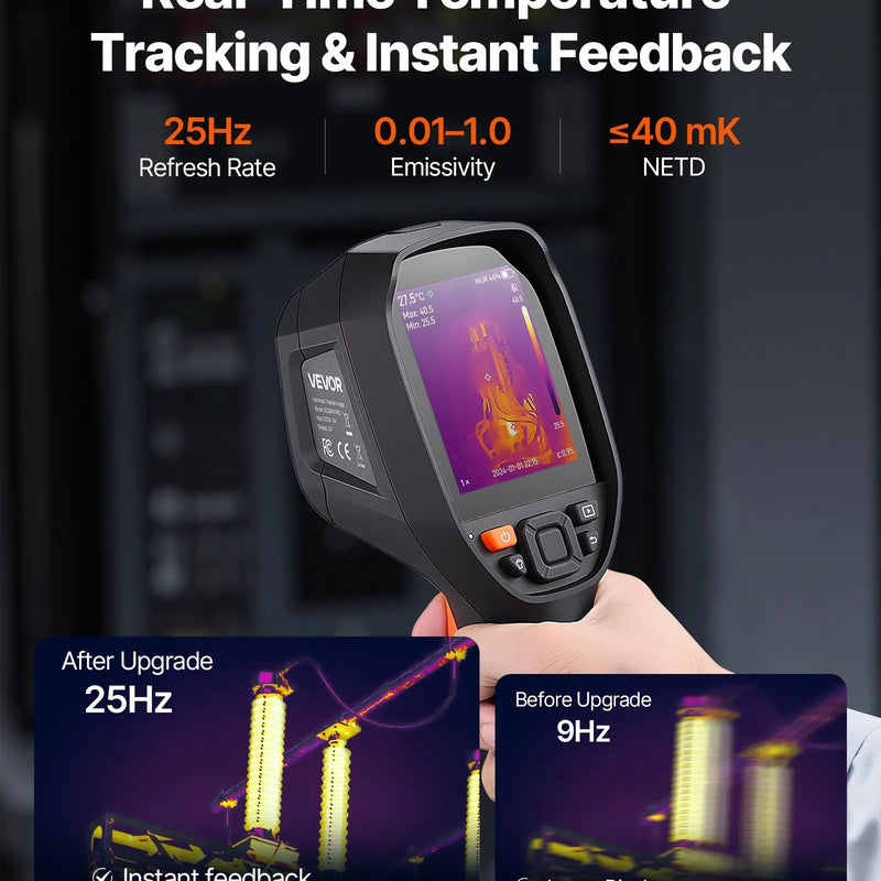 VEVOR profesionāla termokamera ar uzlabotu 512 × 384 TISR superizšķirtspēju, 3,45" LCD infrasarkano displeju, 2 MP vizuālo kameru, 25 Hz atsvaidzes intensitāti, temperatūras diapazonu −20 °C līdz 550 °C, 4 attēlu režīmiem un 7 krāsu paletēm