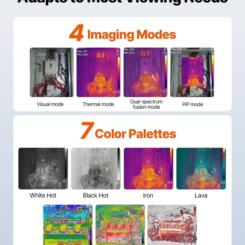 VEVOR profesionāla termokamera ar uzlabotu 512 × 384 TISR superizšķirtspēju, 3,45" LCD infrasarkano displeju, 2 MP vizuālo kameru, 25 Hz atsvaidzes intensitāti, temperatūras diapazonu −20 °C līdz 550 °C, 4 attēlu režīmiem un 7 krāsu paletēm