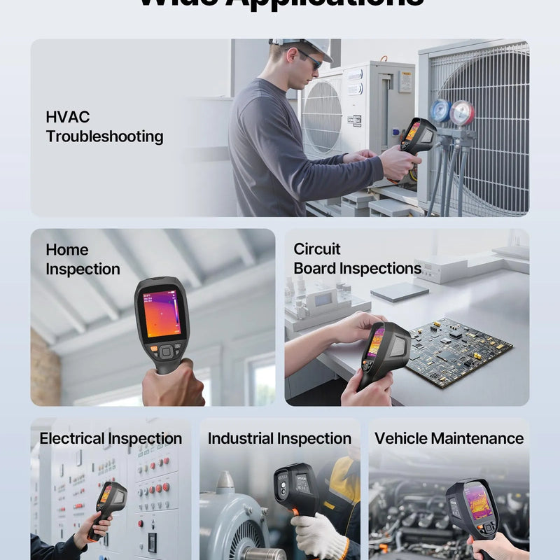VEVOR profesionāla termokamera ar uzlabotu 512 × 384 TISR superizšķirtspēju, 3,45" LCD infrasarkano displeju, 2 MP vizuālo kameru, 25 Hz atsvaidzes intensitāti, temperatūras diapazonu −20 °C līdz 550 °C, 4 attēlu režīmiem un 7 krāsu paletēm