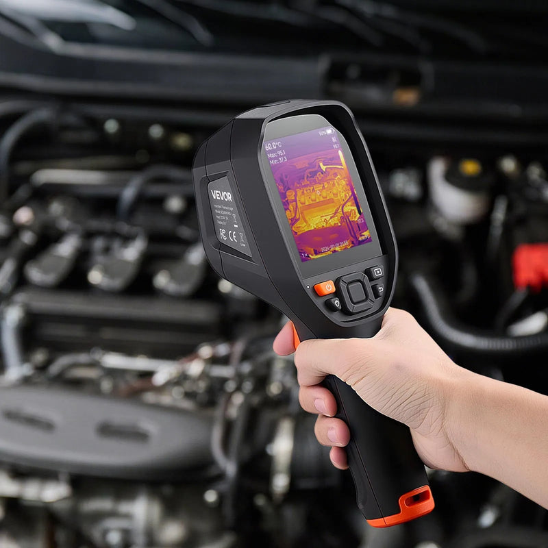 VEVOR profesionāla termokamera ar uzlabotu 512 × 384 TISR superizšķirtspēju, 3,45" LCD infrasarkano displeju, 2 MP vizuālo kameru, 25 Hz atsvaidzes intensitāti, temperatūras diapazonu −20 °C līdz 550 °C, 4 attēlu režīmiem un 7 krāsu paletēm