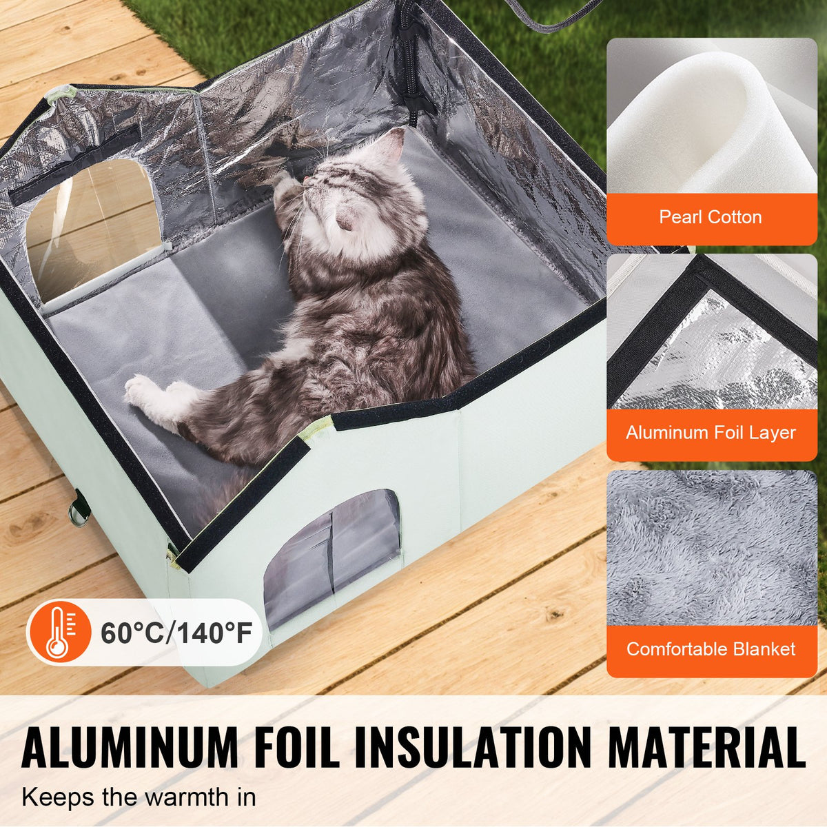 VEVOR Heated Foldable Cat House with Heating Pad, L (63 × 58 cm), Green