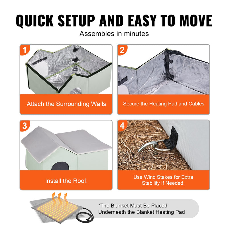 VEVOR saliekama apsildāma kaķu mājiņa ar sildpaliktni, zaļa, liela izmēra