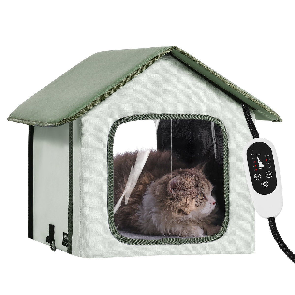 VEVOR Heated Outdoor Cat House with Heating Pad and Timer, S (35 × 30 cm), Green