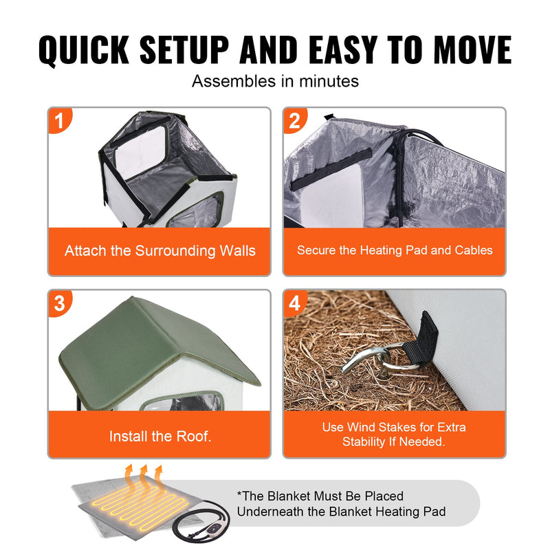 VEVOR paceltā apkures kaķu māja ar sildīšanas spilvenu, zaļa (S)