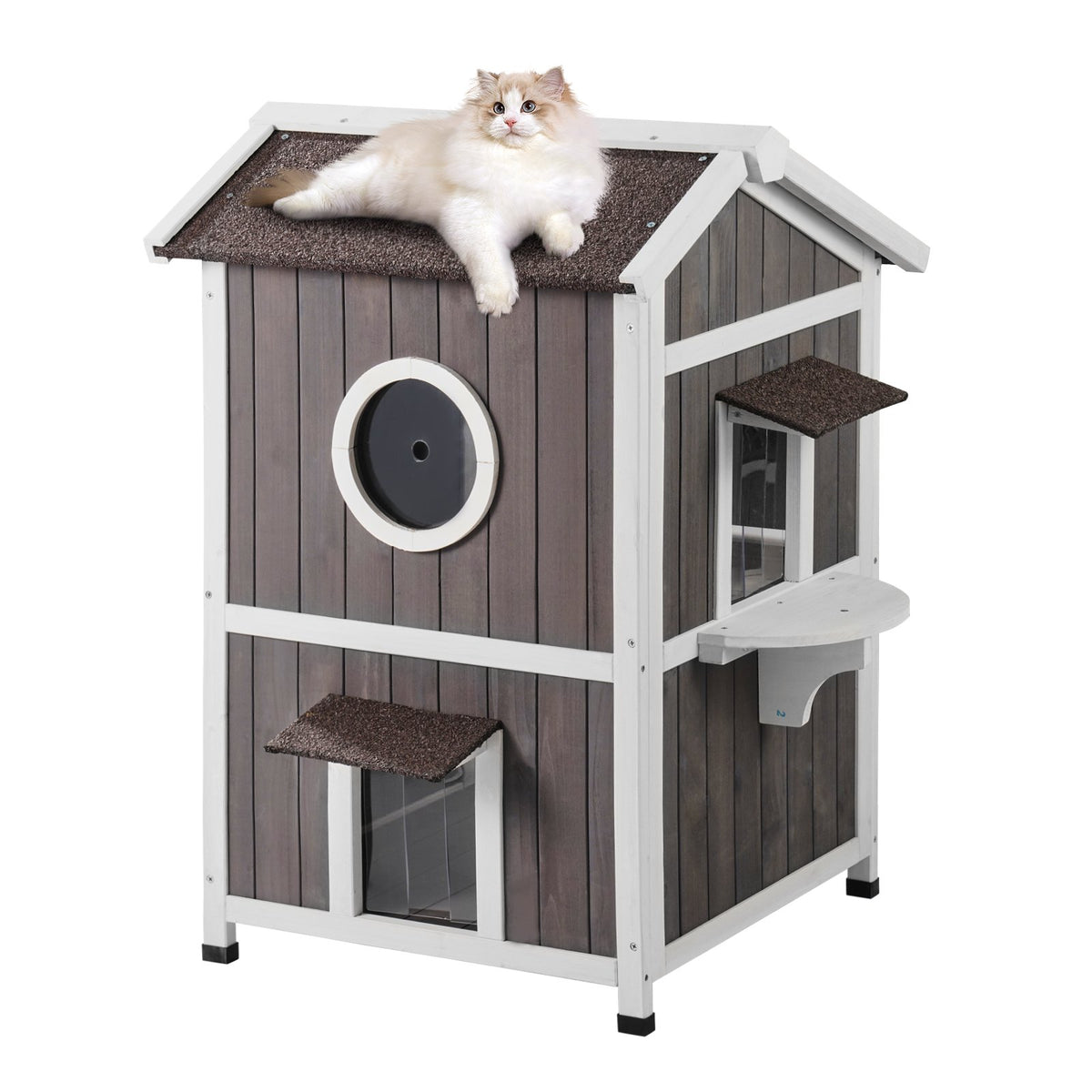 VEVOR Two-Storey Outdoor Wooden Cat House with Window and Viewing Platform, 1-4 Cats, 58 × 66 × 91 cm