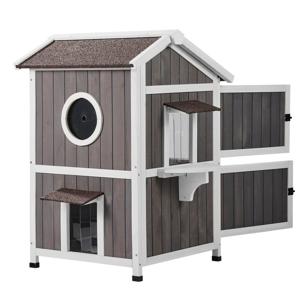 VEVOR Two-Storey Outdoor Wooden Cat House with Window and Viewing Platform, 1-4 Cats, 58 × 66 × 91 cm