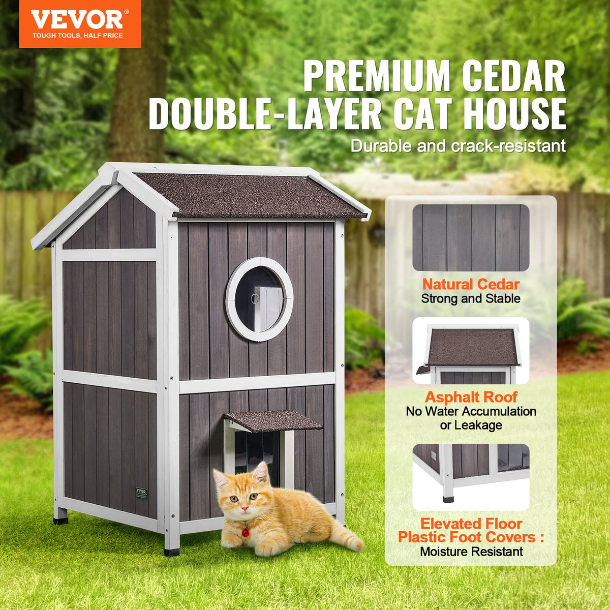 VEVOR Two-Storey Outdoor Wooden Cat House with Window and Viewing Platform, 1-4 Cats, 58 × 66 × 91 cm