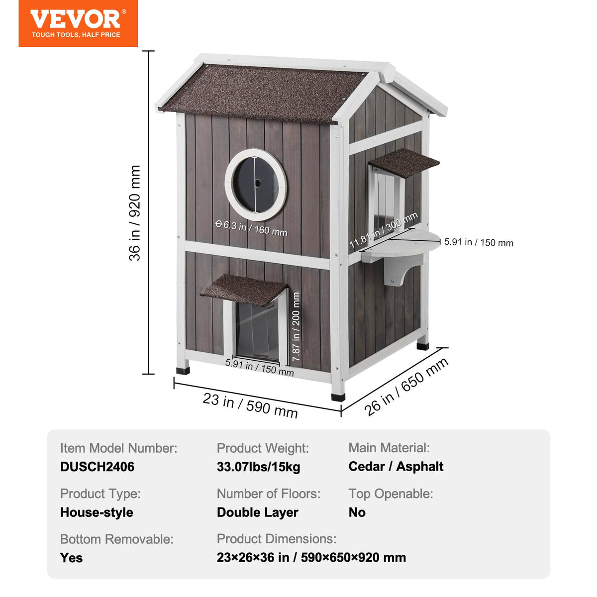 VEVOR Two-Storey Outdoor Wooden Cat House with Window and Viewing Platform, 1-4 Cats, 58 × 66 × 91 cm