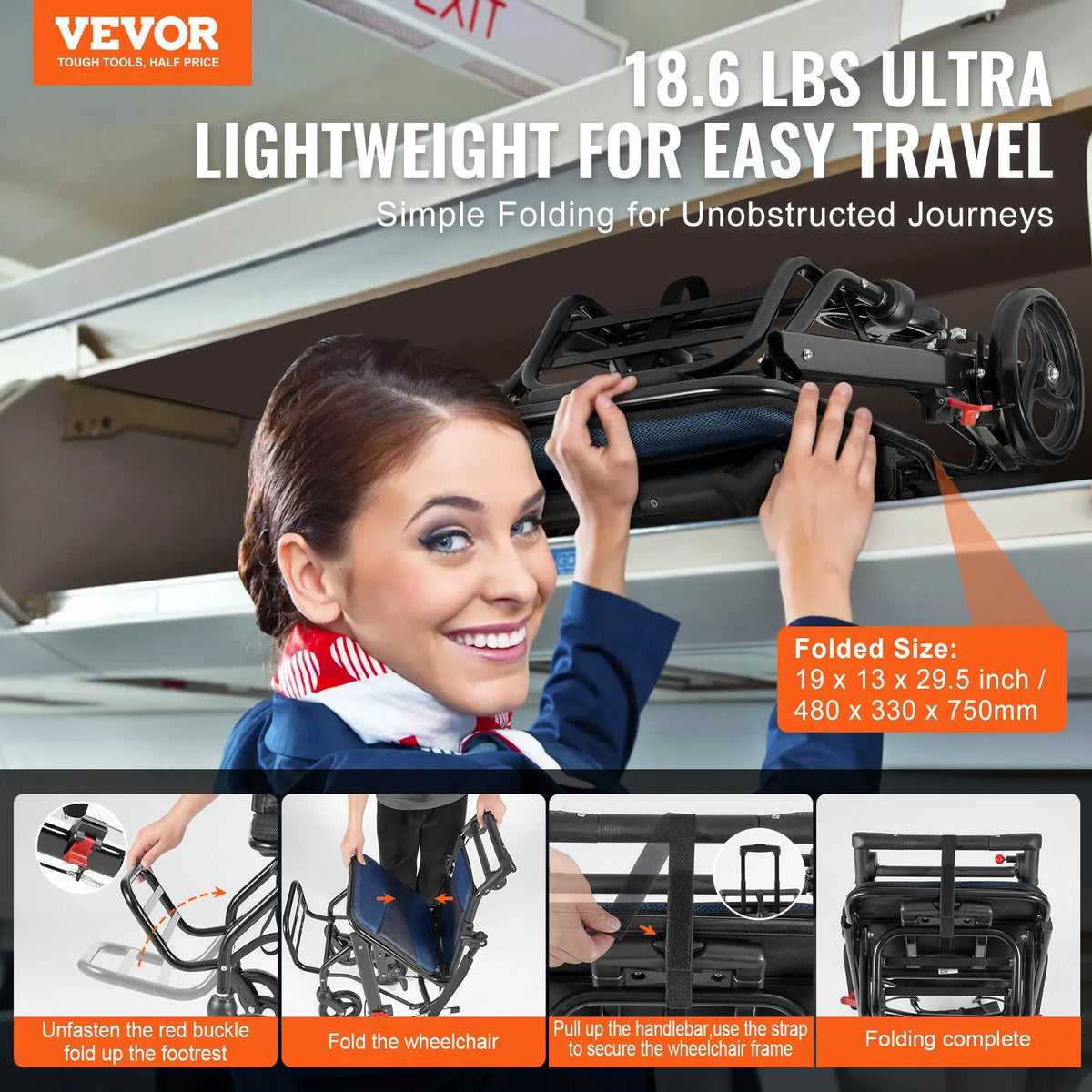 VEVOR transporta ratiņkrēsls no alumīnija sakausējuma, salokāms, sēdekļa platums 40 cm, slodze līdz 99,8 kg - ZEMLETES.LV