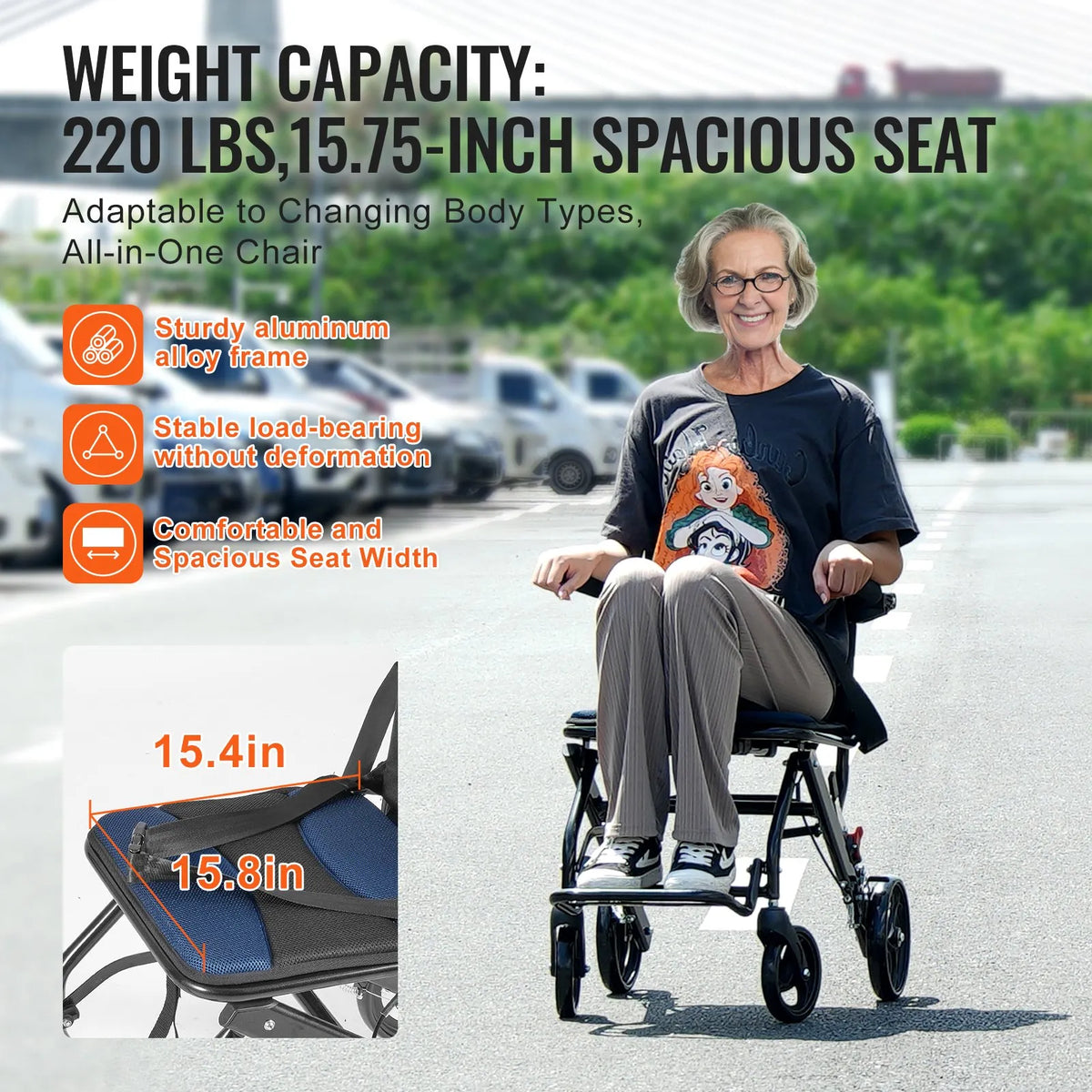VEVOR transporta ratiņkrēsls no alumīnija sakausējuma, salokāms, sēdekļa platums 40 cm, slodze līdz 99,8 kg - ZEMLETES.LV