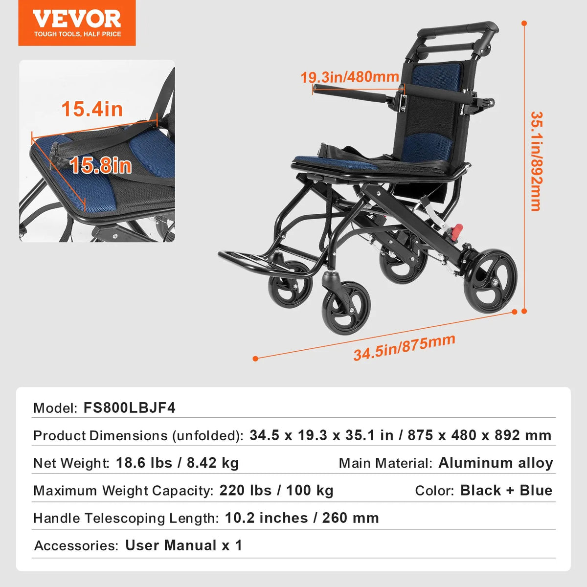 VEVOR transporta ratiņkrēsls no alumīnija sakausējuma, salokāms, sēdekļa platums 40 cm, slodze līdz 99,8 kg - ZEMLETES.LV