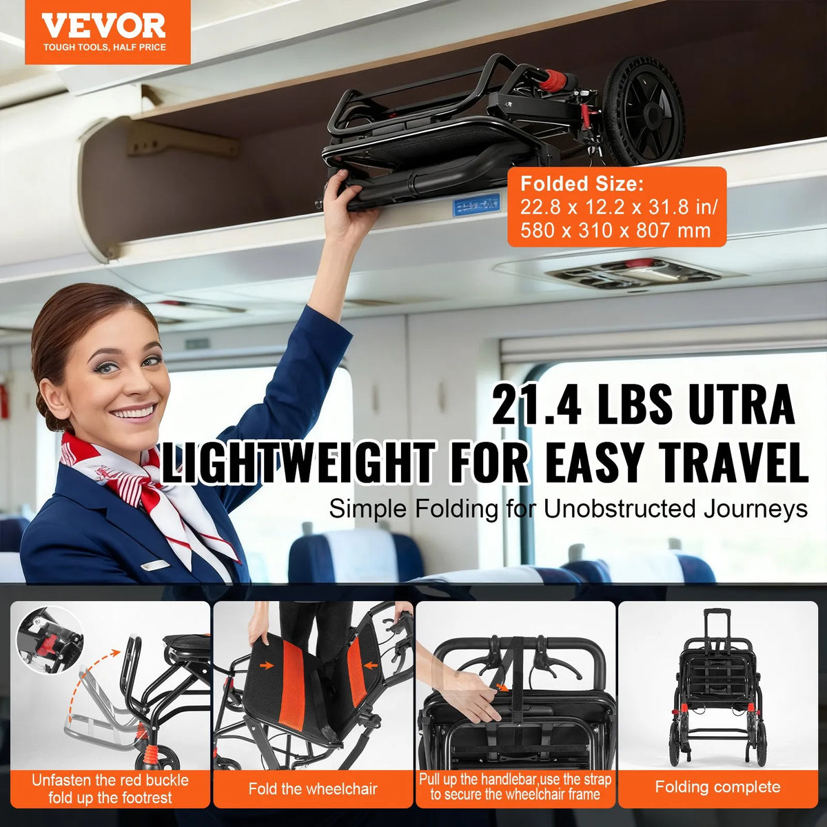 VEVOR transporta ratiņkrēsls no alumīnija sakausējuma, salokāms, sēdekļa platums 45,7 cm, slodze līdz 99,8 kg - ZEMLETES.LV