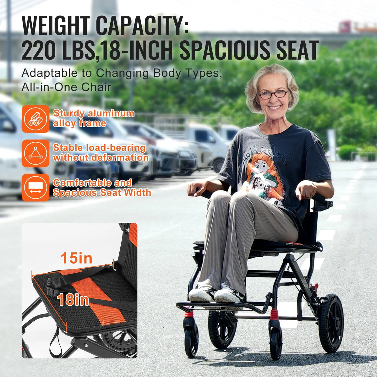 VEVOR transporta ratiņkrēsls no alumīnija sakausējuma, salokāms, sēdekļa platums 45,7 cm, slodze līdz 99,8 kg - ZEMLETES.LV