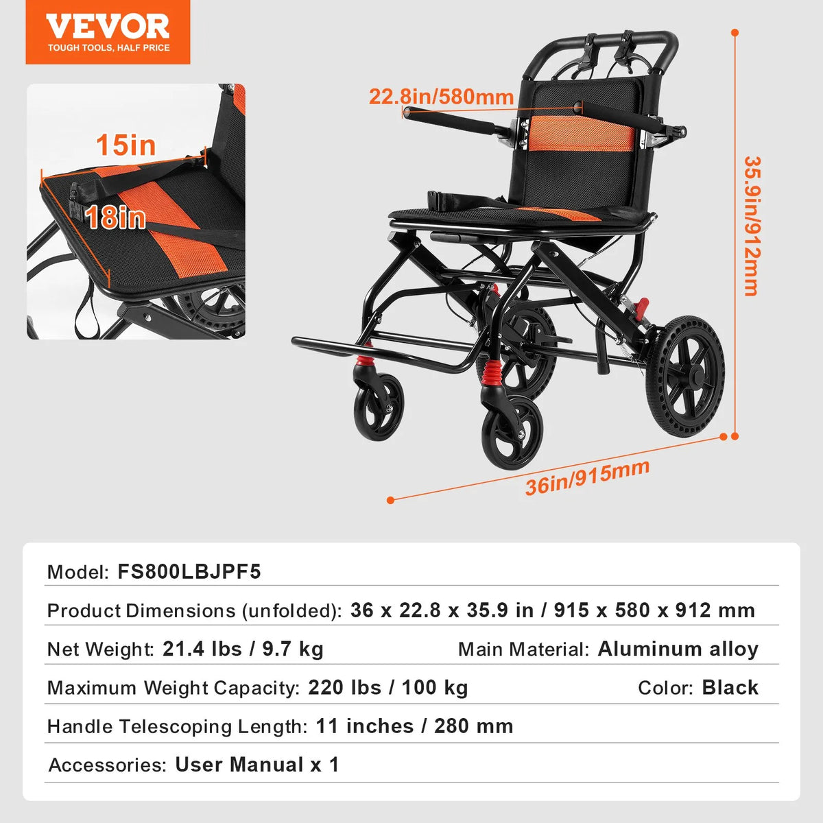 VEVOR transporta ratiņkrēsls no alumīnija sakausējuma, salokāms, sēdekļa platums 45,7 cm, slodze līdz 99,8 kg - ZEMLETES.LV