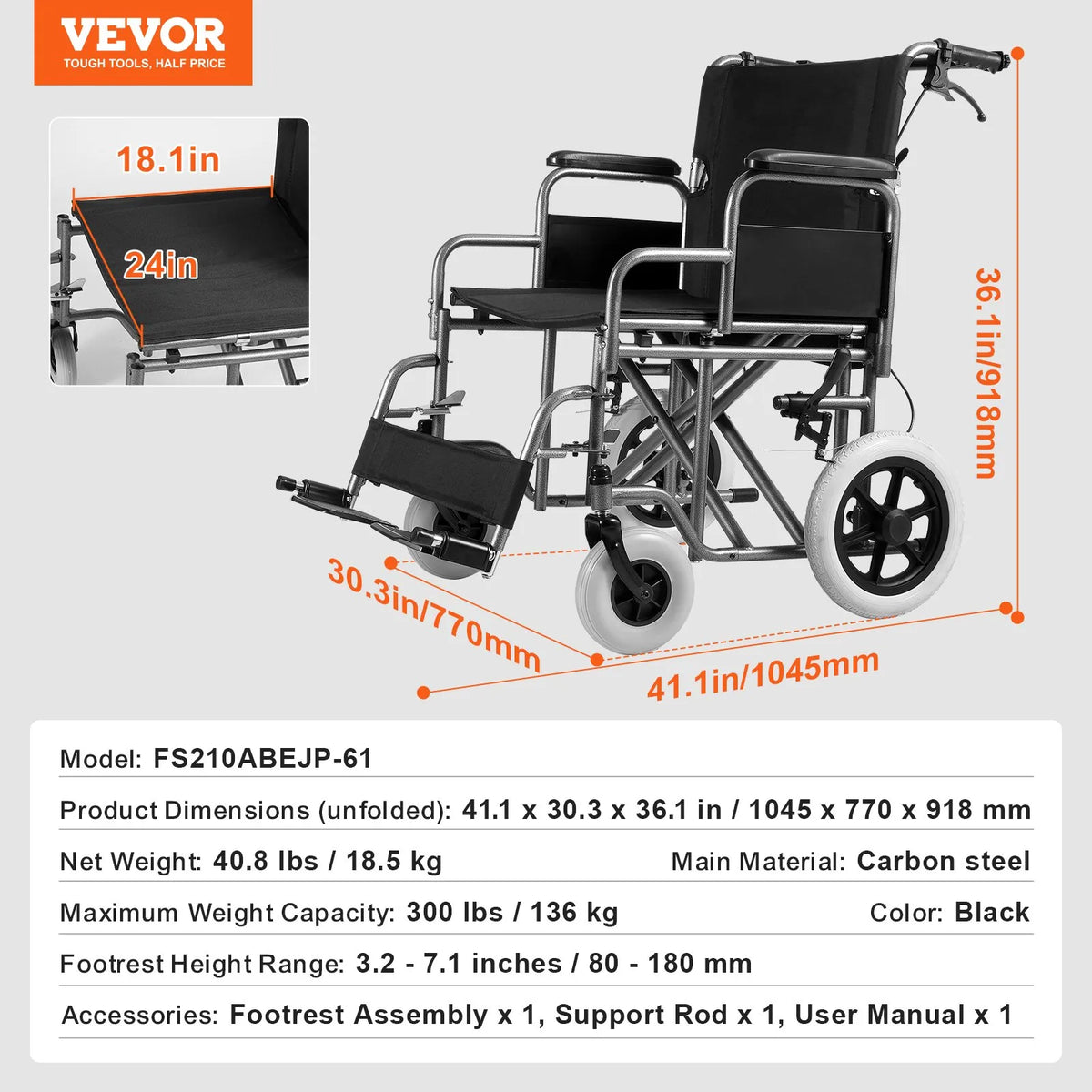 VEVOR salokāms transporta ratiņkrēsls pieaugušajiem no oglekļa tērauda ar noņemamiem roku balstiem, pašbloķējošu bremzi, 61 cm sēdekļa platums, kravnesība 136 kg, cilvēkiem ar kustību traucējumiem - ZEMLETES.LV