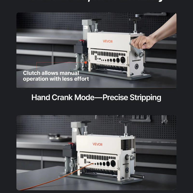 VEVOR elektriskā vadu izolācijas noņemšanas iekārta, 1,5–40 mm, automātiska 11 kanālu vara kabeļu izolācijas noņēmējmašīna, 370 W, ar manuālu roktura režīmu, avārijas apturēšanas pogu, metāllūžņu vara pārstrādei