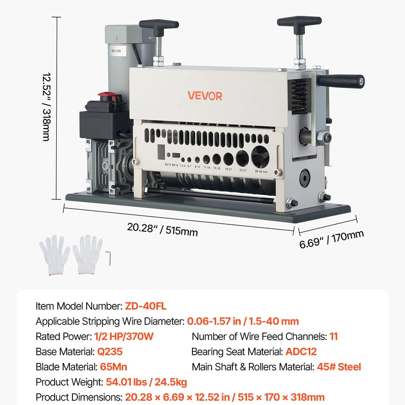 VEVOR elektriskā vadu izolācijas noņemšanas iekārta, 1,5–40 mm, automātiska 11 kanālu vara kabeļu izolācijas noņēmējmašīna, 370 W, ar manuālu roktura režīmu, avārijas apturēšanas pogu, metāllūžņu vara pārstrādei