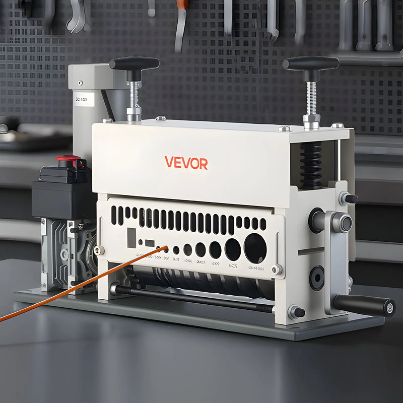 VEVOR elektriskā vadu izolācijas noņemšanas iekārta, 1,5–40 mm, automātiska 11 kanālu vara kabeļu izolācijas noņēmējmašīna, 370 W, ar manuālu roktura režīmu, avārijas apturēšanas pogu, metāllūžņu vara pārstrādei