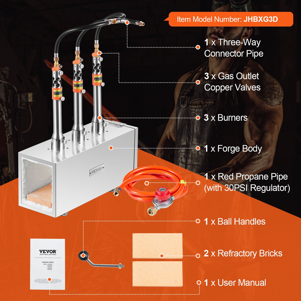 VEVOR Portable Propane Forge with 3 Burners, 1433 °C, for Metalworking and Knife Forging, Second Model