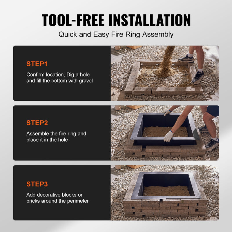 VEVOR kvadrātveida ugunskura gredzens – 91 × 91 cm ārējais tērauda DIY ugunskura ieliktnis