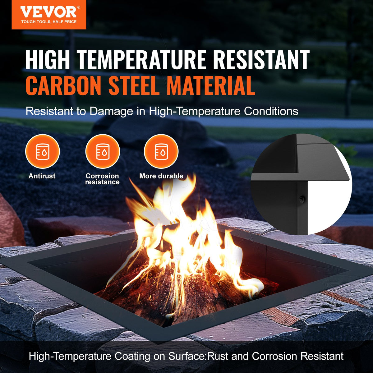 VEVOR Square Fire Ring – 106 × 106 cm Outer Steel DIY Fire Pit Insert