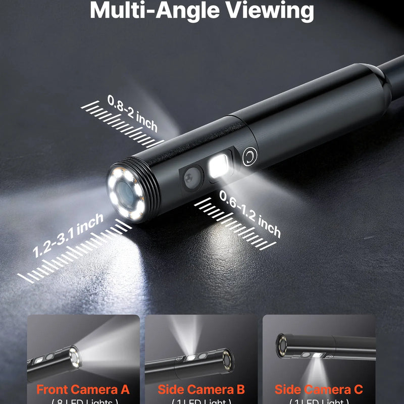 VEVOR trīskāršās kameras endoskops ar apgaismojumu, 11,4 cm HD IPS ekrāns, industriālais boreskops ar 8 + 2 LED gaismām, 8× tālummaiņu, IP67 ūdensizturību un 5 m stingru kabeli auto diagnostikai un cauruļvadu pārbaudei