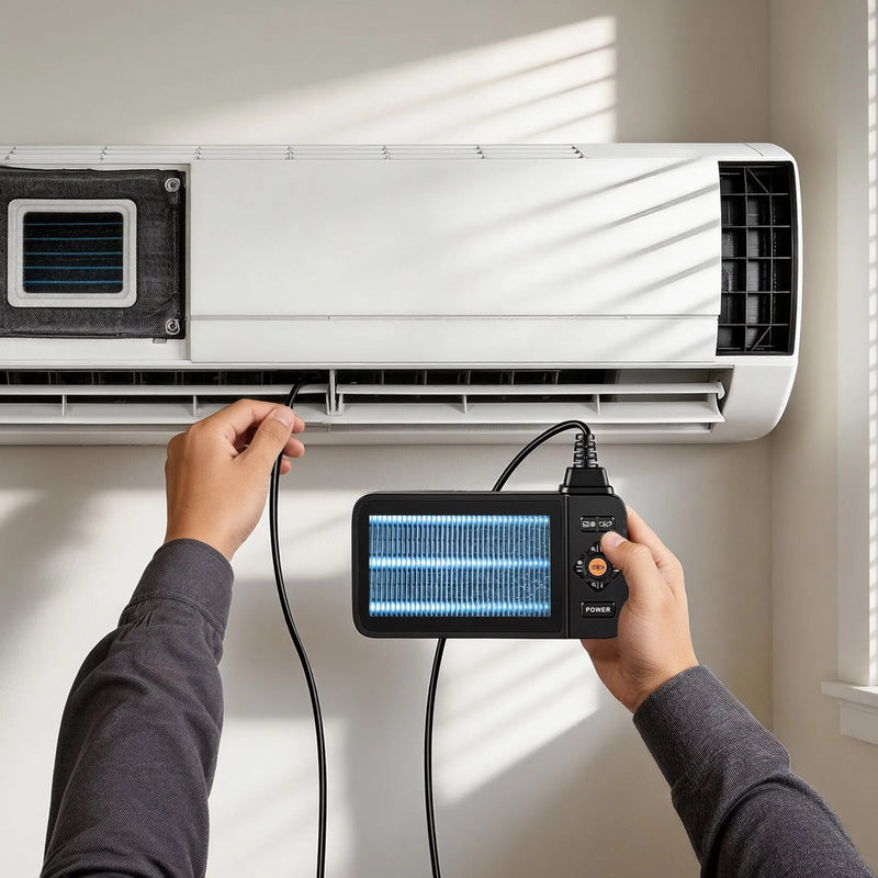 VEVOR trīskāršās kameras endoskops ar apgaismojumu, 11,4 cm HD IPS ekrāns, industriālais boreskops ar 8 + 2 LED gaismām, 8× tālummaiņu, IP67 ūdensizturību un 5 m stingru kabeli auto diagnostikai un cauruļvadu pārbaudei
