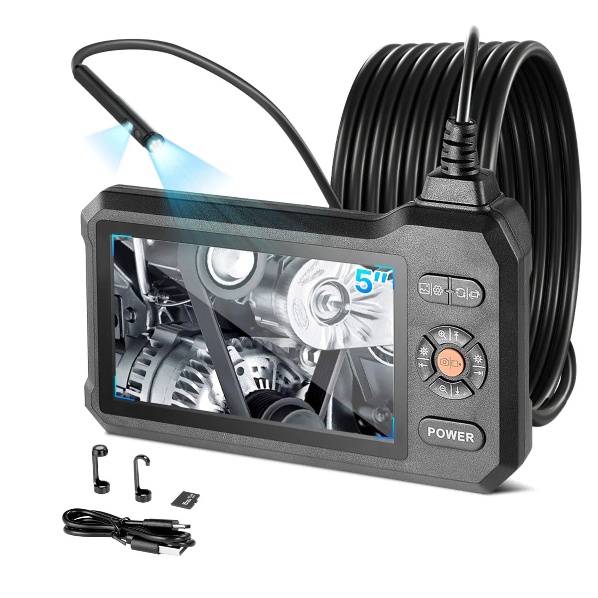 VEVORi kahe kaameraga valgustusega endoskoop, 12,7 cm HD IPS-ekraan, tööstuslik boreskoop 5,5 mm sondiga, 8-kordse suumiga, IP67 veekindlusega ja 5 m pikkuse tugeva kaabliga auto diagnostikaks ja torustike kontrollimiseks