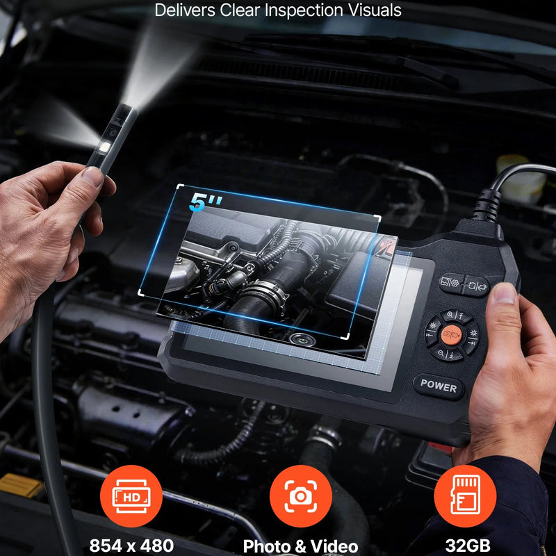 VEVOR divu kameru endoskops ar apgaismojumu, 12,7 cm HD IPS ekrāns, industriālais boreskops ar 5,5 mm zondi, 8× tālummaiņu, IP67 ūdensizturību un 5 m stingru kabeli auto diagnostikai un cauruļvadu pārbaudei