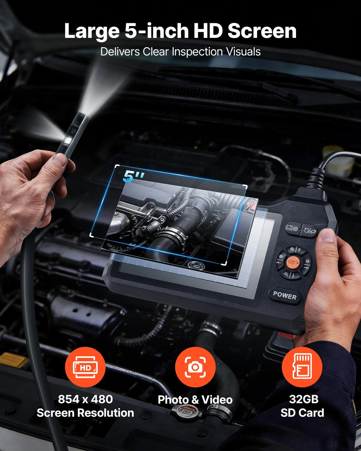 VEVORi kahe kaameraga valgustusega endoskoop, 12,7 cm HD IPS-ekraan, tööstuslik boreskoop 5,5 mm sondiga, 8-kordse suumiga, IP67 veekindlusega ja 5 m pikkuse tugeva kaabliga auto diagnostikaks ja torustike kontrollimiseks