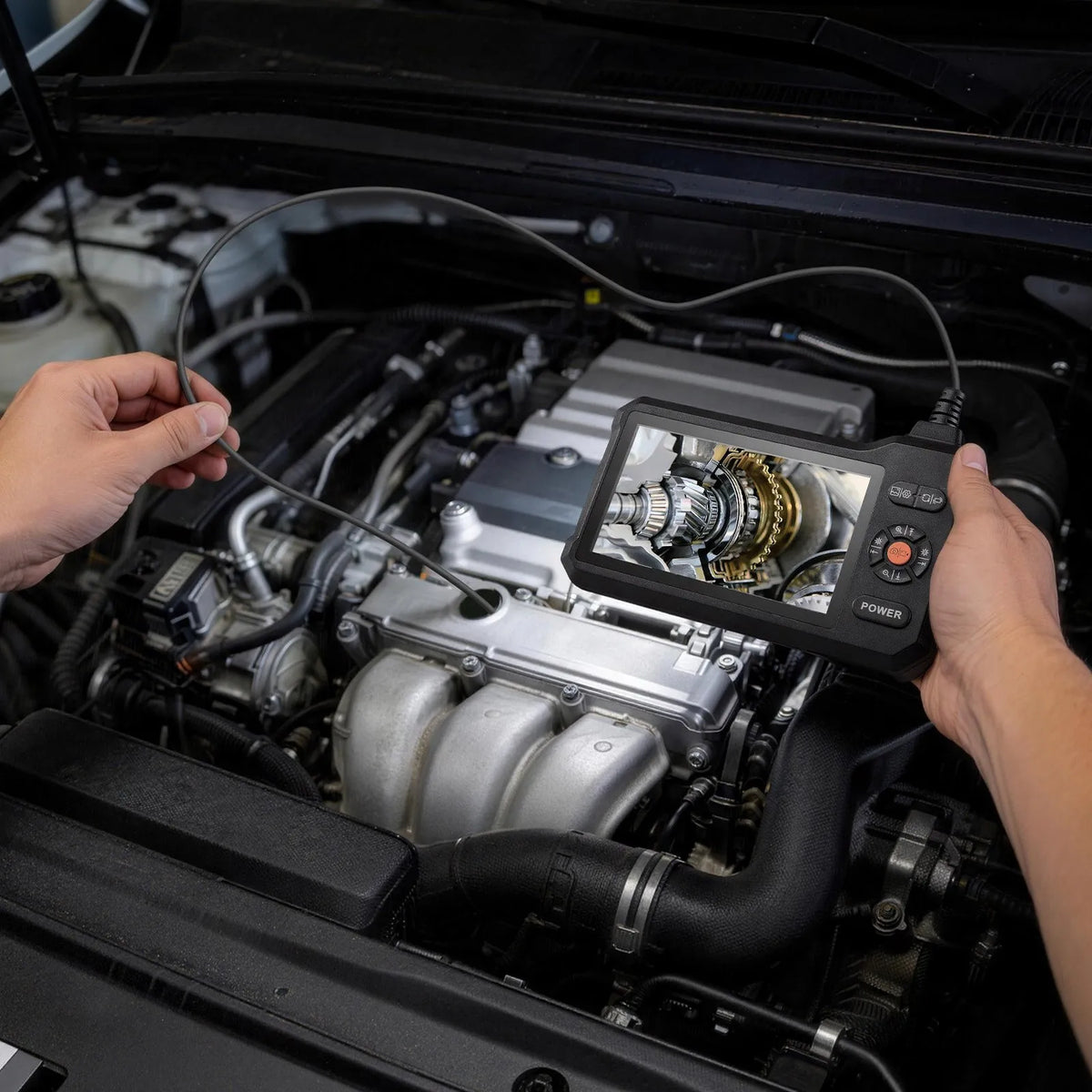 VEVORi kahe kaameraga valgustusega endoskoop, 12,7 cm HD IPS-ekraan, tööstuslik boreskoop 5,5 mm sondiga, 8-kordse suumiga, IP67 veekindlusega ja 5 m pikkuse tugeva kaabliga auto diagnostikaks ja torustike kontrollimiseks