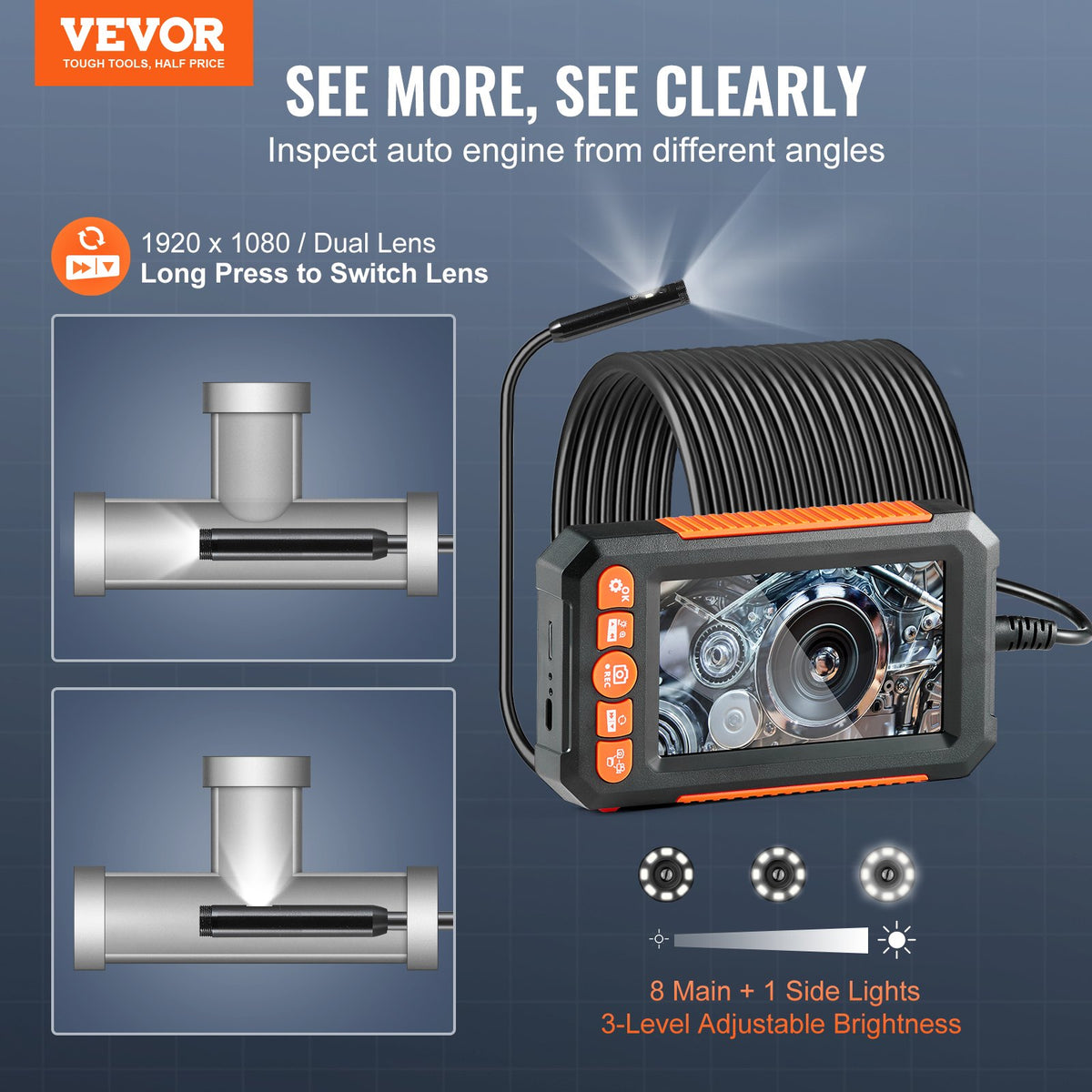 VEVOR Endoscope Camera with Illumination, Dual Lens Borescope, 15 m Cable, 10.9 cm Screen