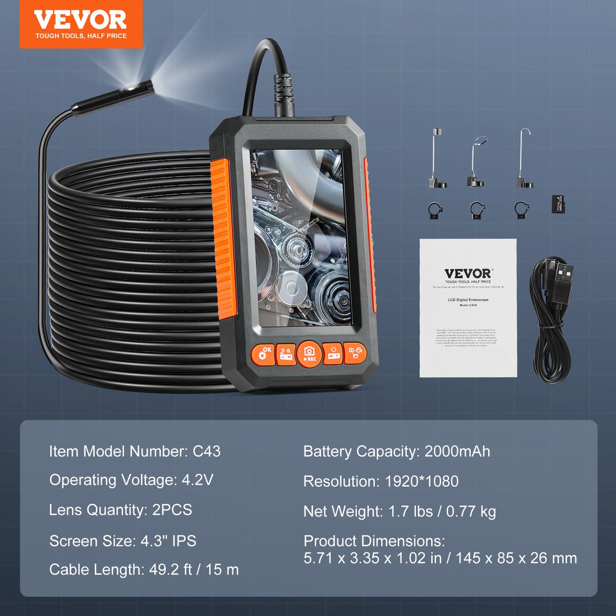 VEVOR Endoscope Camera with Illumination, Dual Lens Borescope, 15 m Cable, 10.9 cm Screen