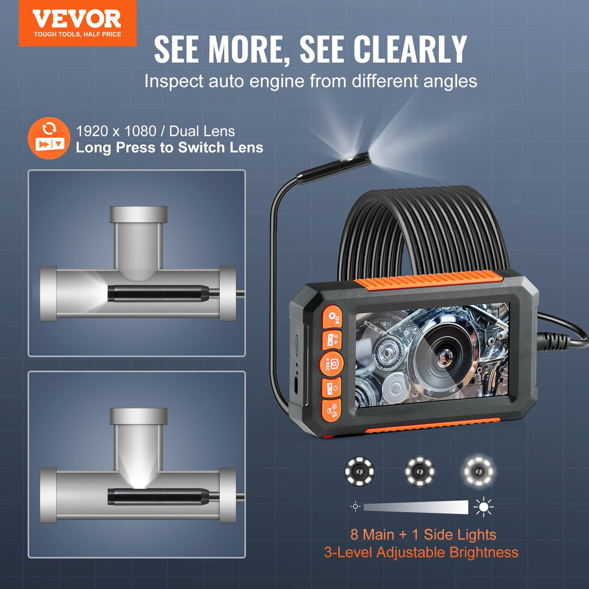 VEVOR Endoscope Camera with Illumination, Dual Lens Borescope, 1.5 m Cable, 10.9 cm Screen