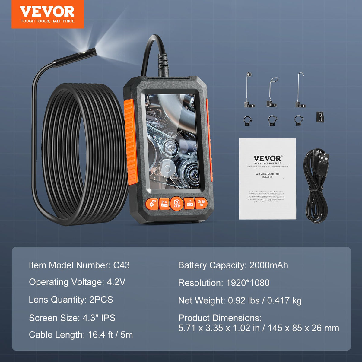 VEVOR Endoscope Camera with Illumination, Dual Lens Borescope, 1.5 m Cable, 10.9 cm Screen