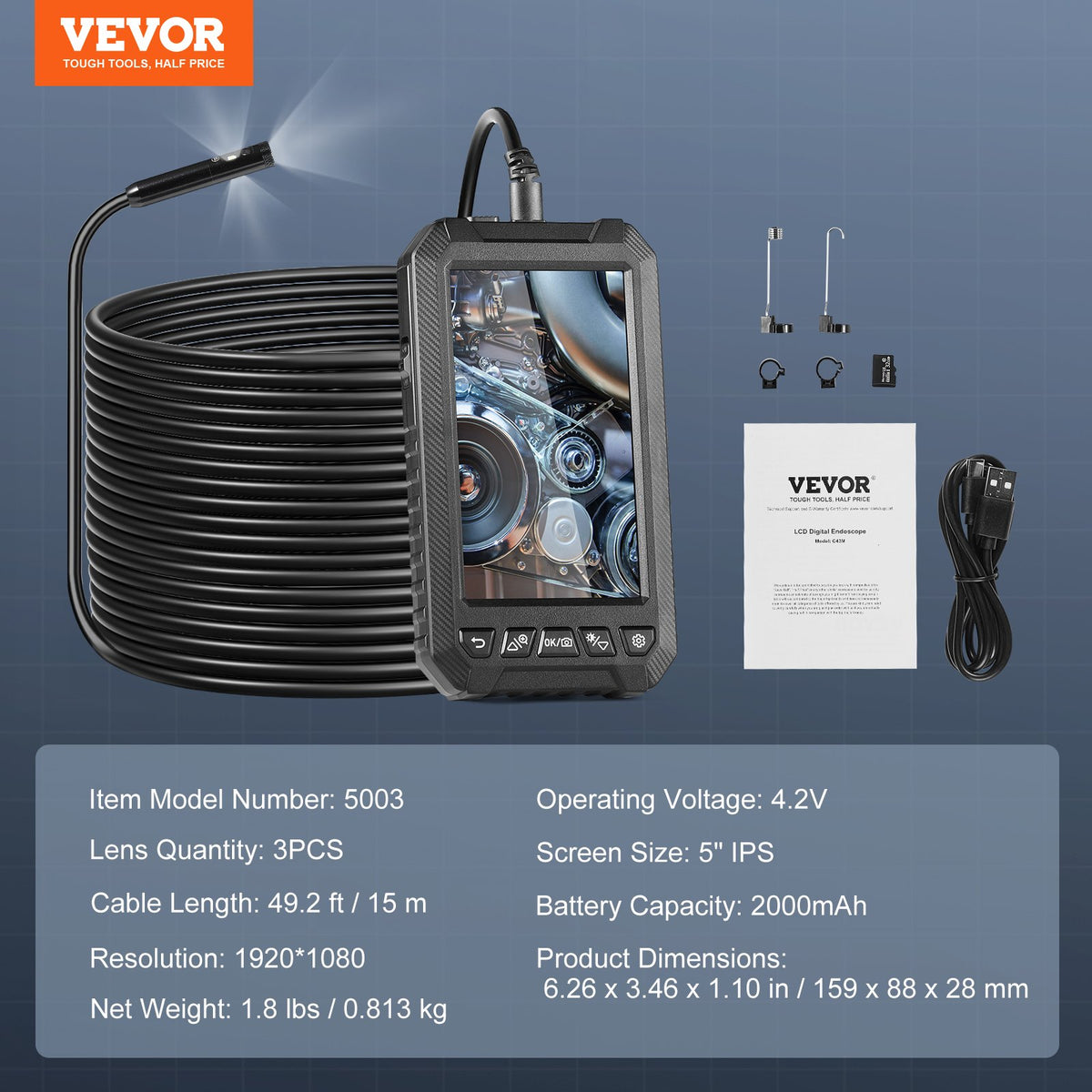 VEVOR Endoscope Camera with Illumination, Triple Lens, Borescope, 15 m Cable, 12.7 cm Screen