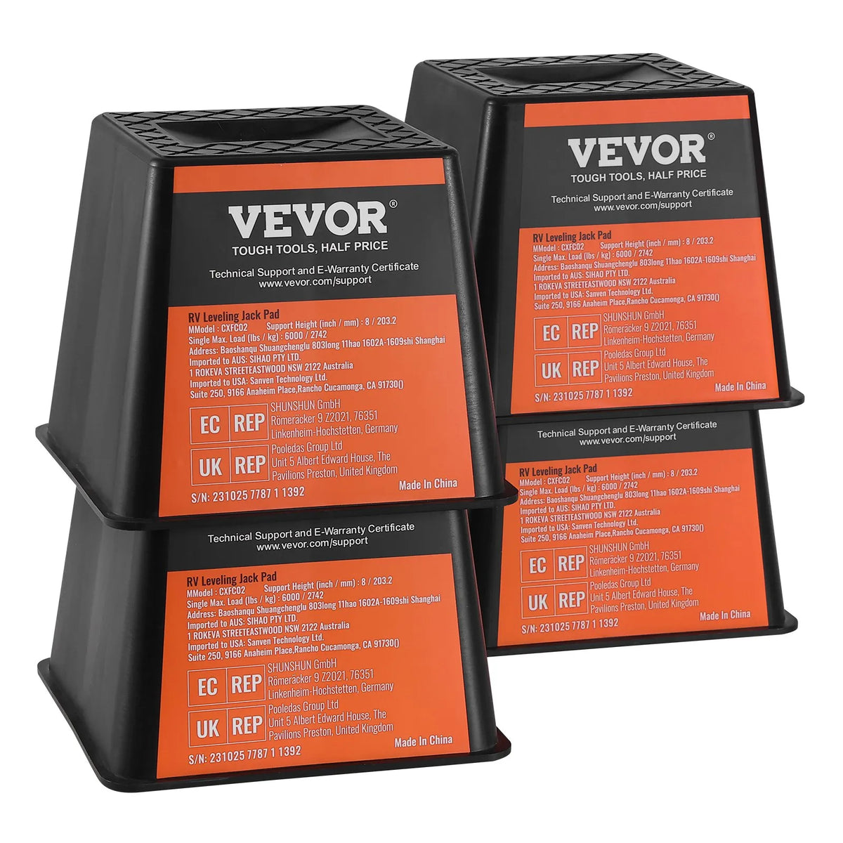 VEVOR Trailer Jack Pad Set, 2721 kg Load Capacity Per Pad, High-Quality Polypropylene RV Stabiliser Pads for Trailers and Campers, Suitable for Jacks, Stands and Fifth Wheel Trailers, 4 Pieces