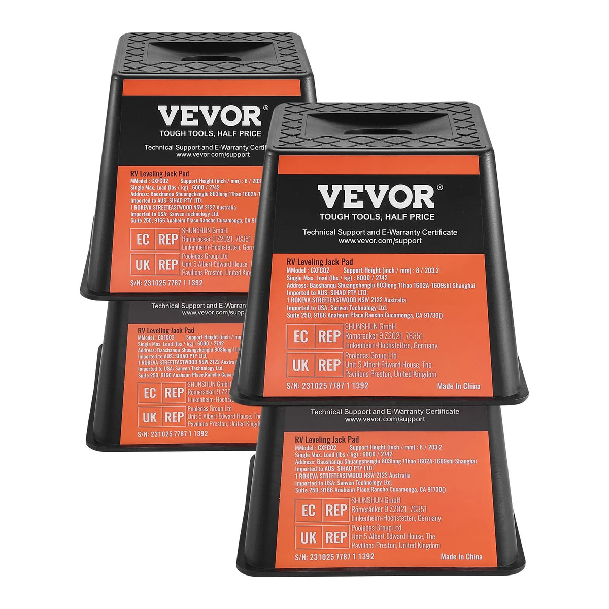 VEVOR Trailer Jack Pad Set, 2721 kg Load Capacity Per Pad, High-Quality Polypropylene RV Stabiliser Pads for Trailers and Campers, Suitable for Jacks, Stands and Fifth Wheel Trailers, 4 Pieces