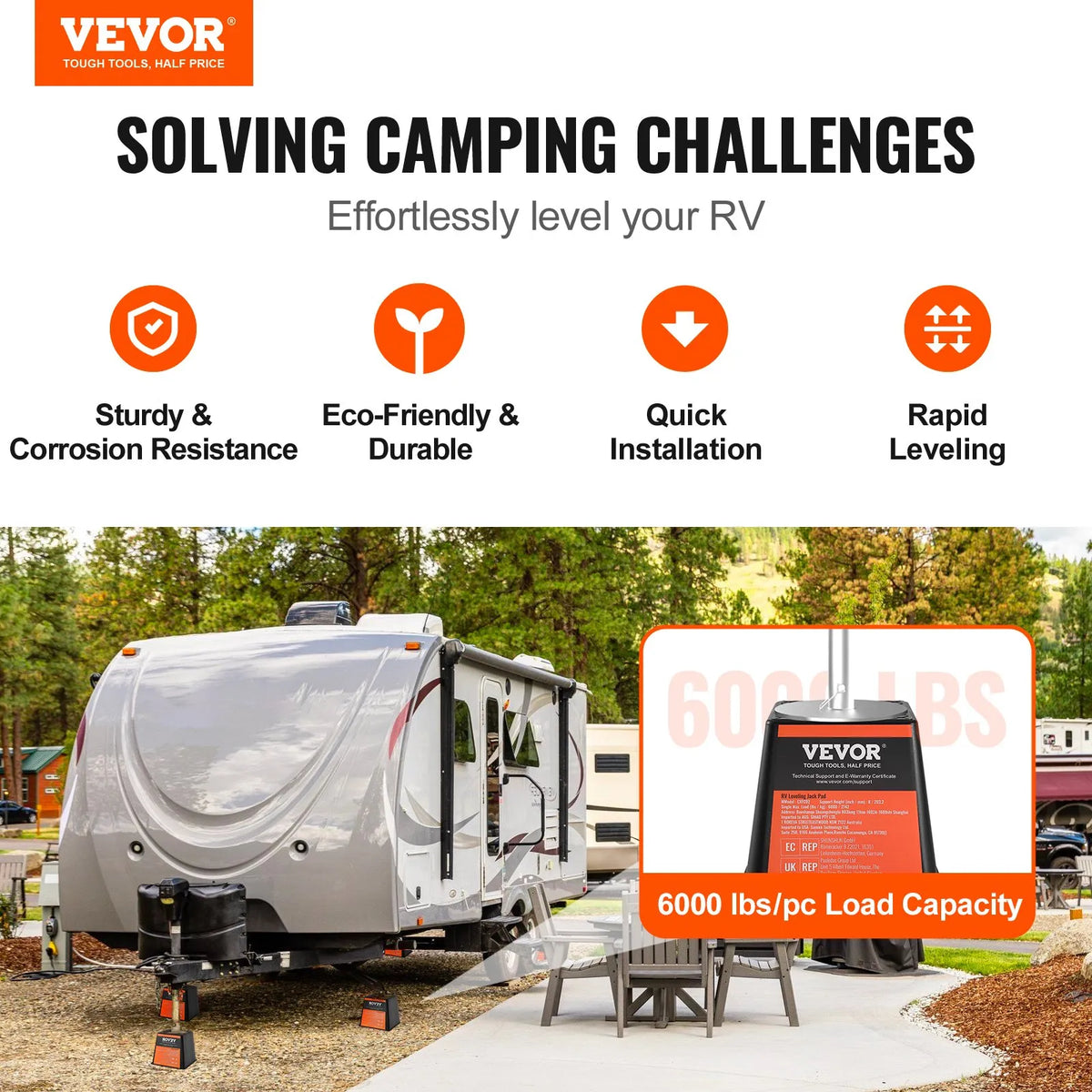 VEVOR Trailer Jack Pad Set, 2721 kg Load Capacity Per Pad, High-Quality Polypropylene RV Stabiliser Pads for Trailers and Campers, Suitable for Jacks, Stands and Fifth Wheel Trailers, 4 Pieces
