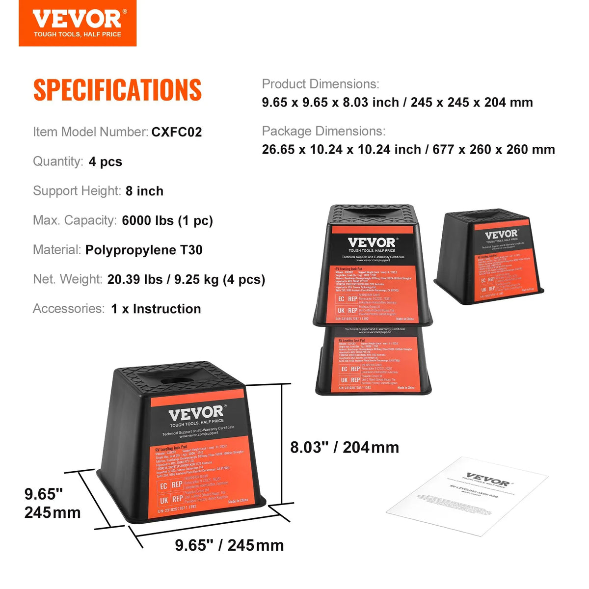 VEVOR Trailer Jack Pad Set, 2721 kg Load Capacity Per Pad, High-Quality Polypropylene RV Stabiliser Pads for Trailers and Campers, Suitable for Jacks, Stands and Fifth Wheel Trailers, 4 Pieces