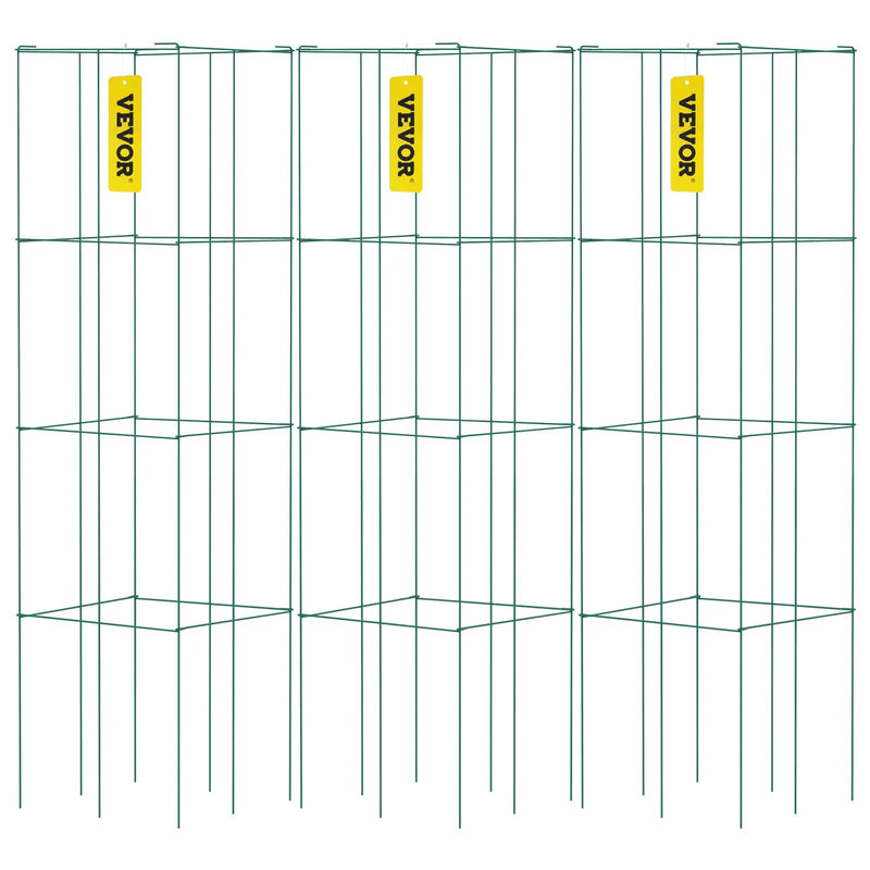 Tomātu režģi, 37 × 37 × 100 cm, 3 gab. kvadrātveida augu balsti dārzam, zaļš PVC pārklāts tērauds, smagās slodzes tomātu torņi kāpelējošiem dārzeņiem, augiem, ziediem, augļiem