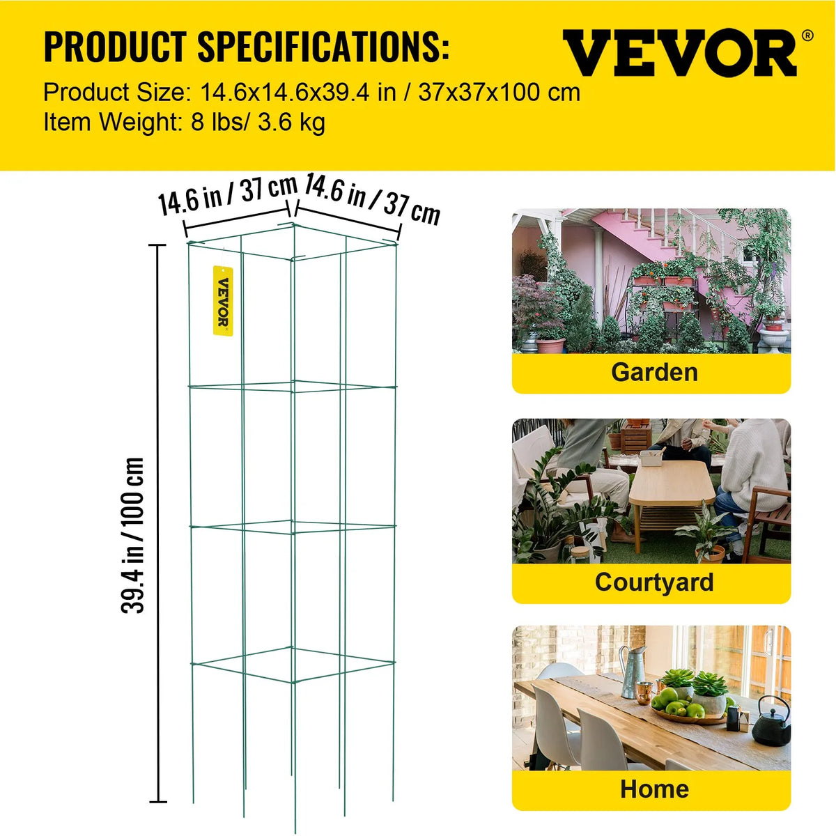 Tomato Cages, 37 × 37 × 100 cm, 3 pcs Square Plant Supports for Garden, Green PVC Coated Steel, Heavy-Duty Tomato Towers for Climbing Vegetables, Plants, Flowers, Fruits