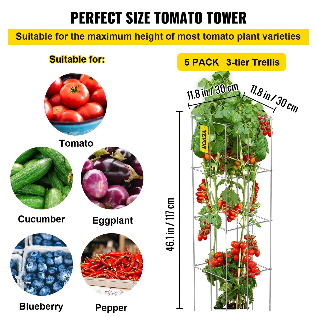 Tomato Supports, 30 × 30 × 117 cm, 5 pcs Square Plant Support Structures, Silver PVC Coated Steel, Climbing Towers for Vegetables, Plants, Flowers and Fruits