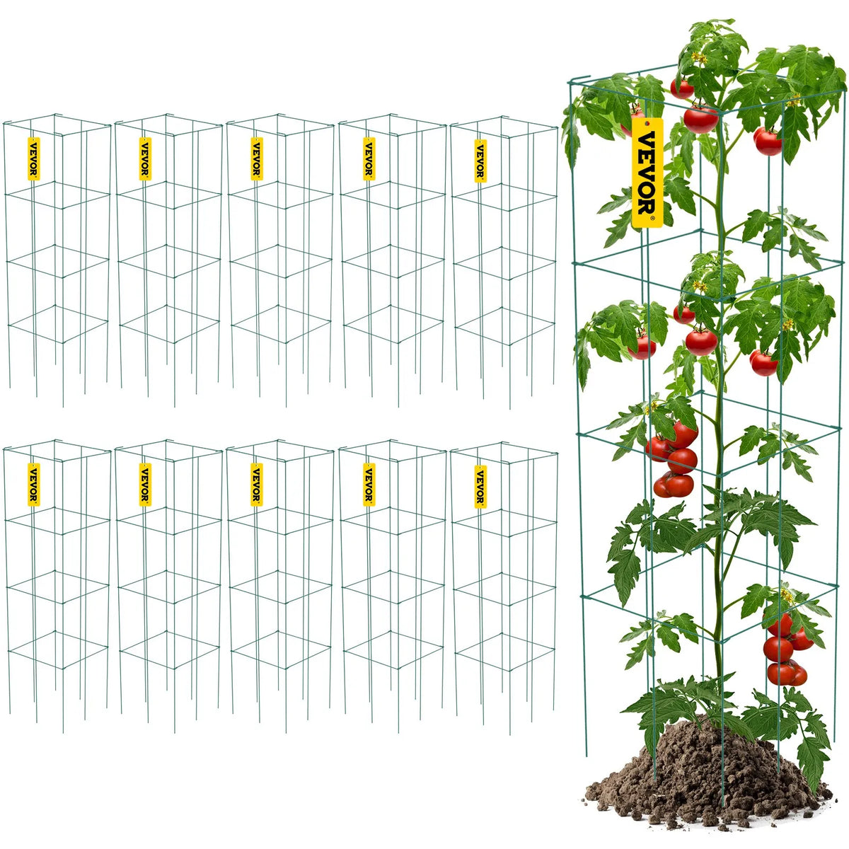 Tomato Supports, 30 x 30 x 117 cm, 10 Sets Square Plant Support Grid, Green PVC Coated Steel Towers for Climbing Vegetables, Plants, Flowers and Fruits