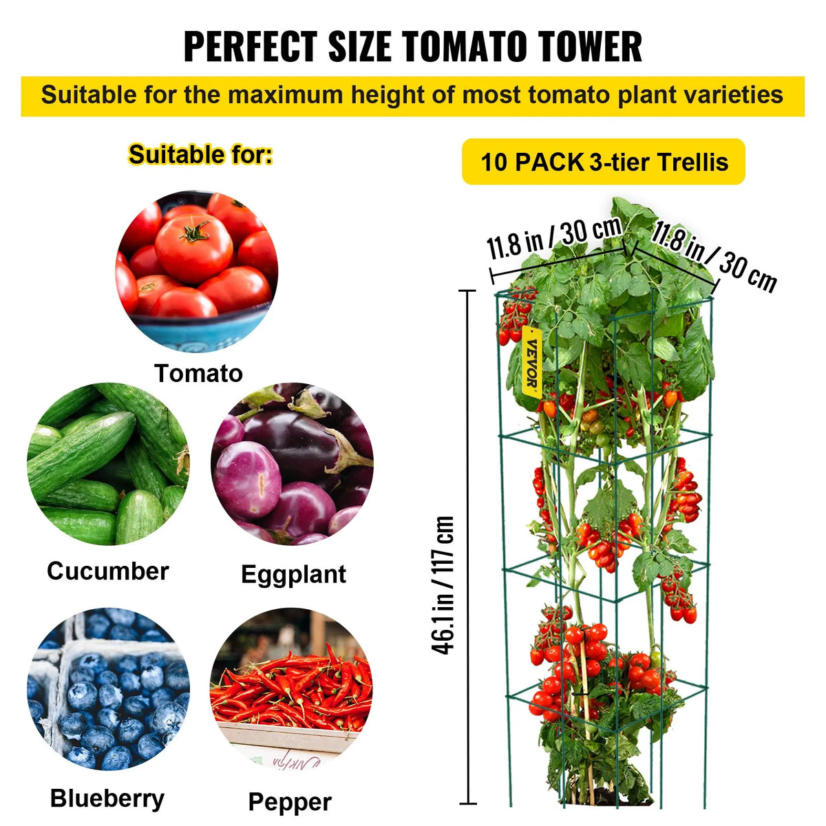 Tomato Supports, 30 x 30 x 117 cm, 10 Sets Square Plant Support Grid, Green PVC Coated Steel Towers for Climbing Vegetables, Plants, Flowers and Fruits