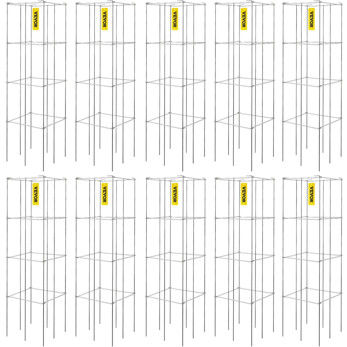 Tomato Supports, 30 × 30 × 117 cm, 10 pcs Square Plant Support Structures, Silver PVC Coated Steel, Towers for Climbing Vegetables, Plants, Flowers and Fruits