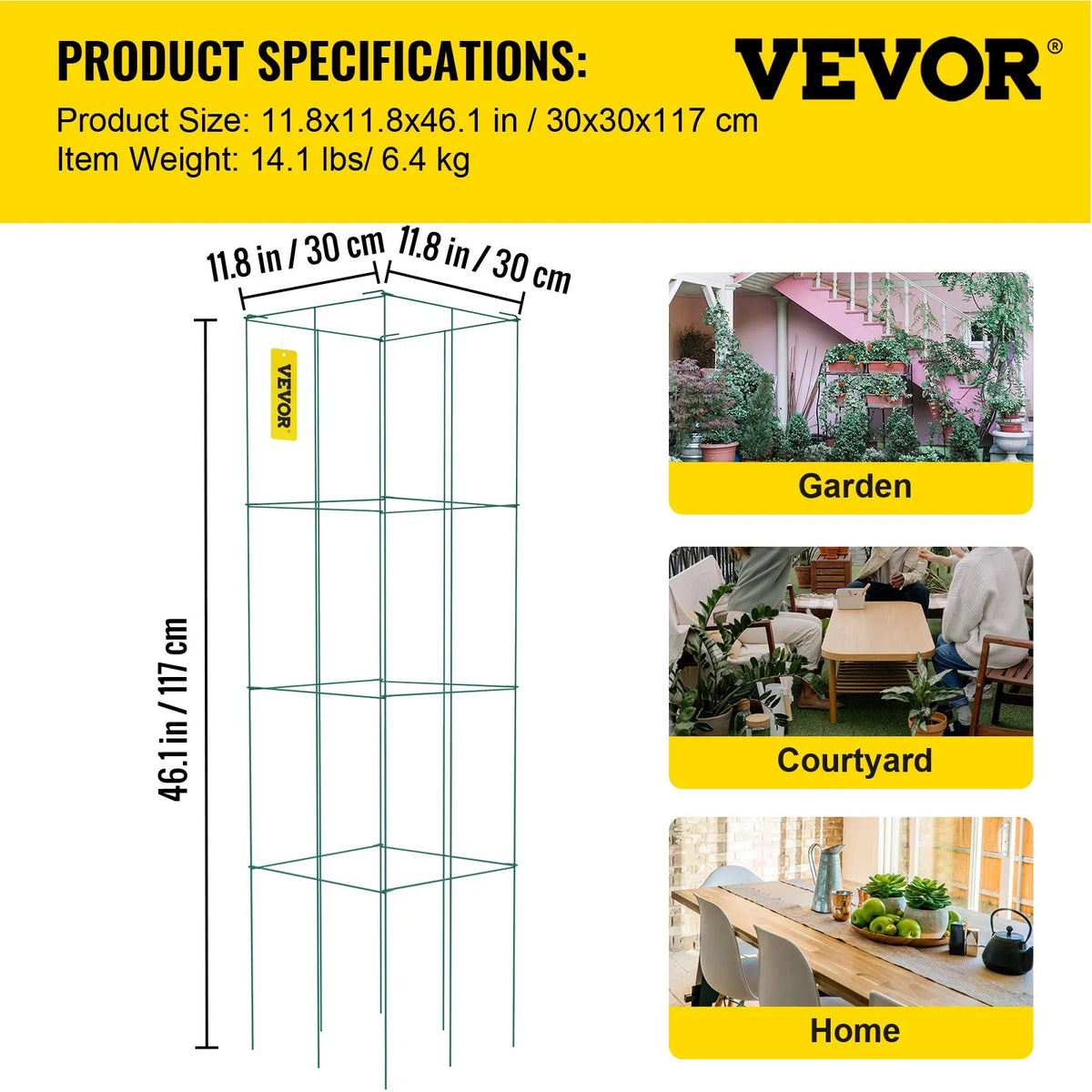 Tomato Supports, 30 × 30 × 117 cm, 5 pcs Square Plant Support Structures, Green PVC Coated Steel, Climbing Towers for Vegetables, Plants, Flowers and Fruits