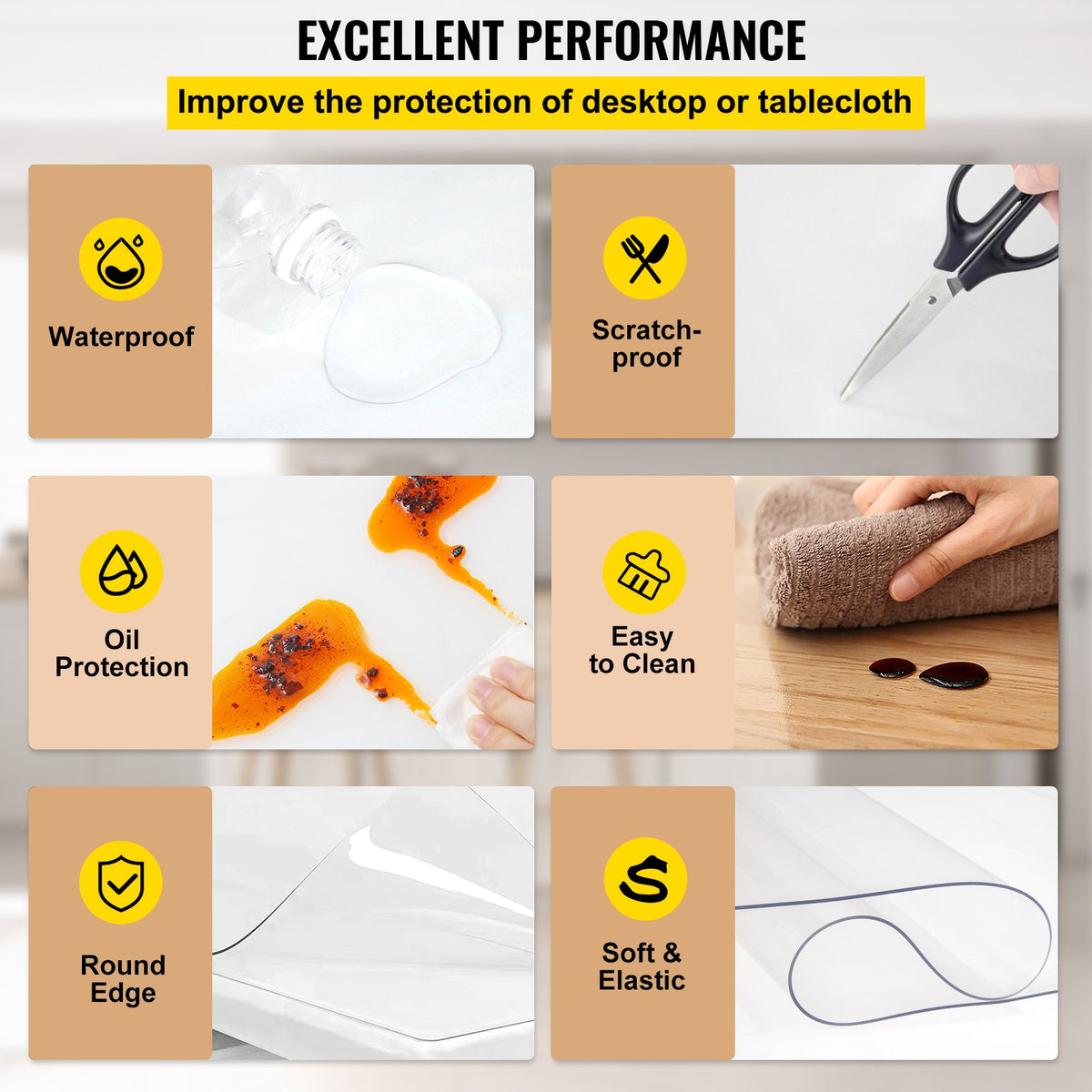 VEVOR plastmasas galda aizsargs 106,7 x 182,9 cm, 1,5 mm biezs, caurspīdīgs, ūdensizturīgs, viegli tīrāms