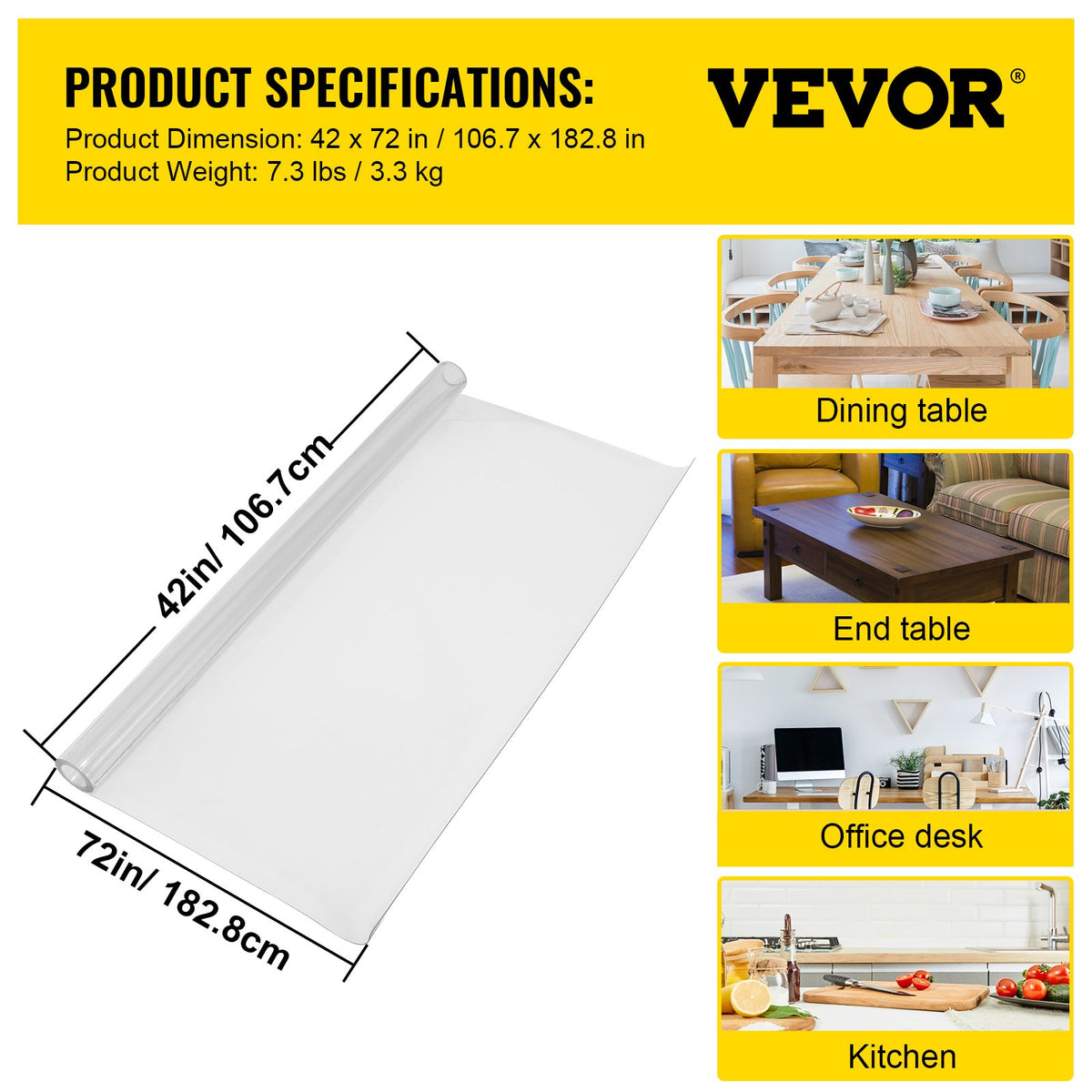 VEVOR plastmasas galda aizsargs 106,7 x 182,9 cm, 1,5 mm biezs, caurspīdīgs, ūdensizturīgs, viegli tīrāms