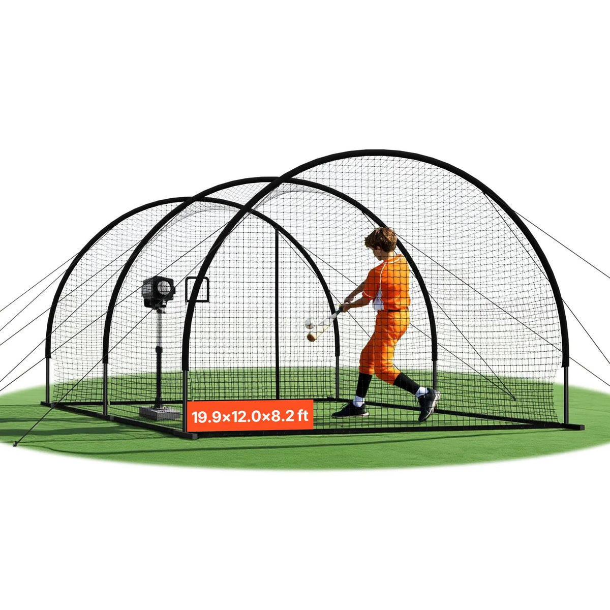 VEVOR beisbola sitienu būris 6,06 × 3,66 × 2,5 m ar 30 slāņu HDPE tīklu un atveri metiena mašīnai